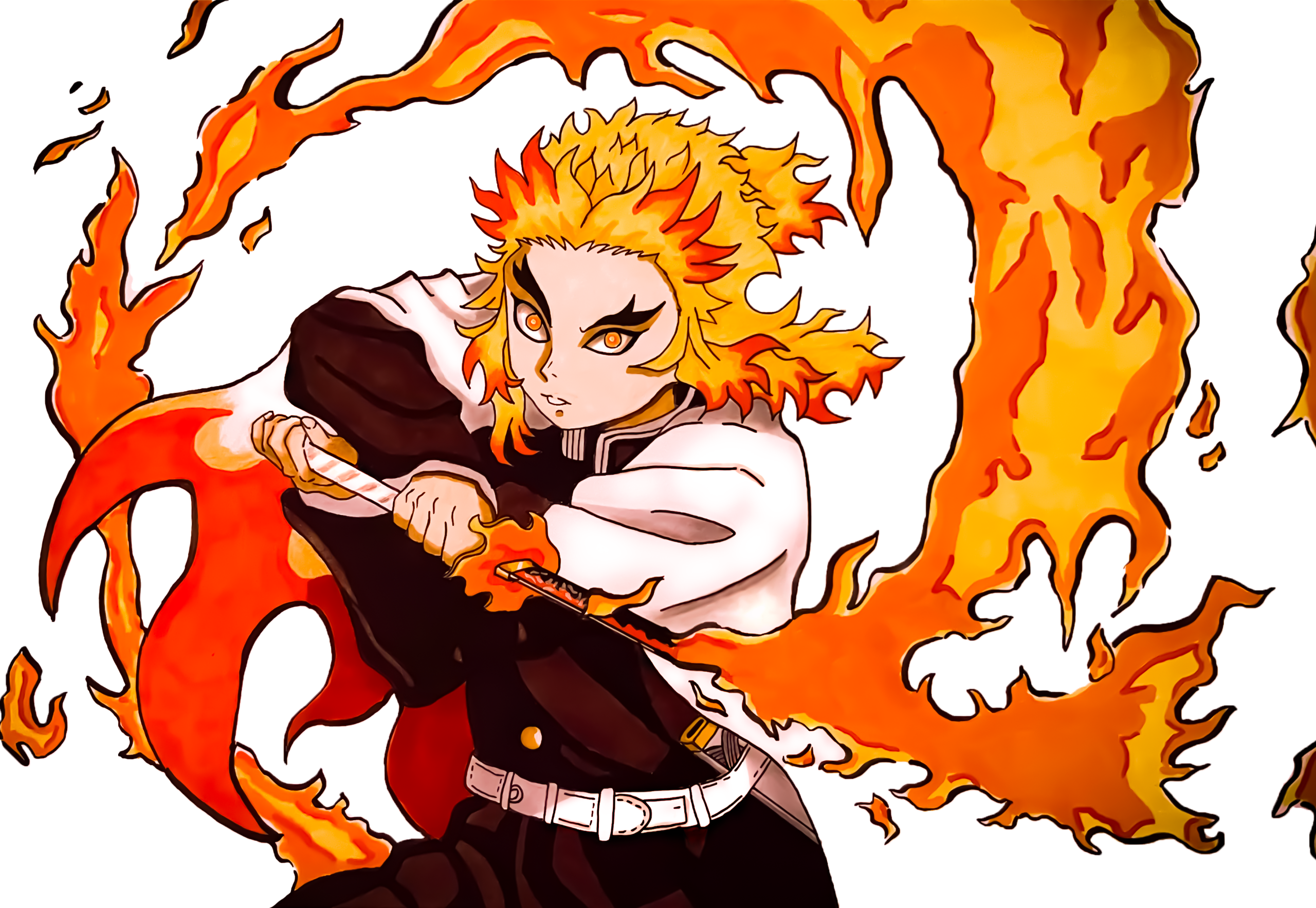 Dessin traditionnel de Kyōjurō Rengoku (Kimetu no Yaiba) réalisé par Sigilart® illustrant l’un des univers artistiques de la marque.